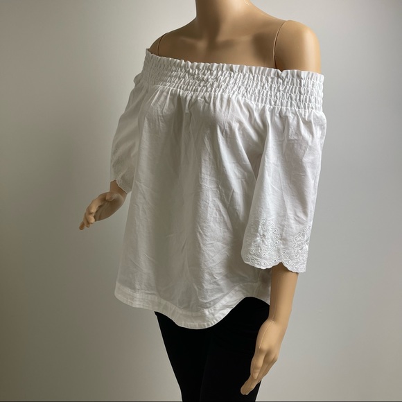 White Off Shoulder Shirred Long Sleeve Blouse - Picture 4 of 8